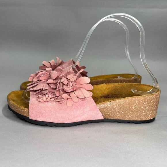 Marina Luna Sandals Women's Size 6.5 Pink Suede Floral Cork Slide Flip Flops - Picture 4 of 12